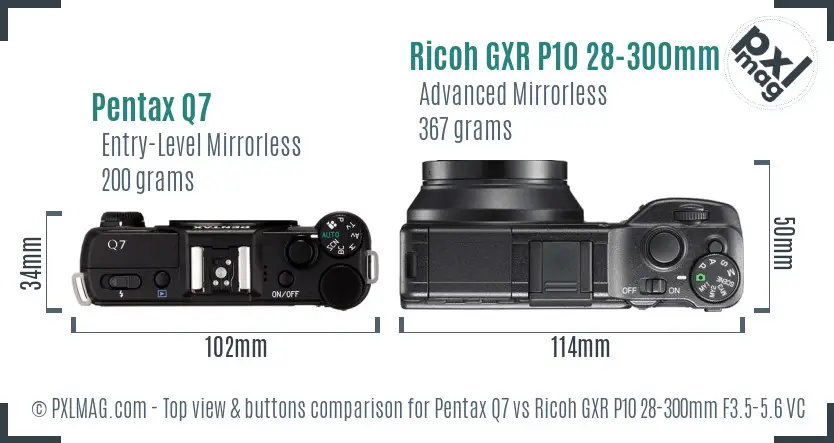 Pentax Q7 vs Ricoh GXR P10 28-300mm F3.5-5.6 VC top view buttons comparison