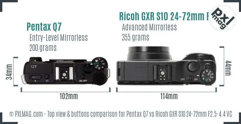 Pentax Q7 vs Ricoh GXR S10 24-72mm F2.5-4.4 VC top view buttons comparison