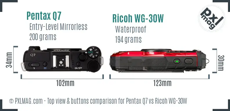 Pentax Q7 vs Ricoh WG-30W top view buttons comparison