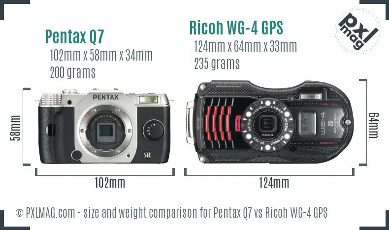 Pentax Q7 vs Ricoh WG-4 GPS size comparison