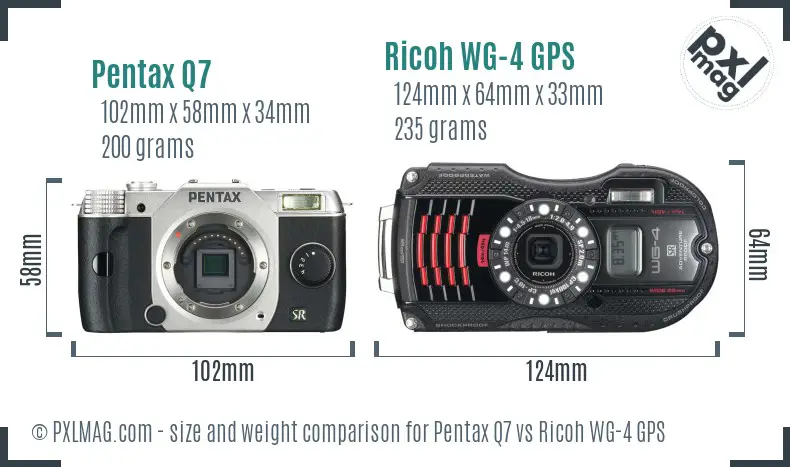 Pentax Q7 vs Ricoh WG-4 GPS size comparison Pentax Q7 vs Ricoh WG-4 GPS size comparison