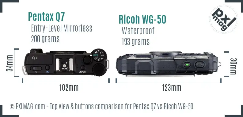 Pentax Q7 vs Ricoh WG-50 top view buttons comparison