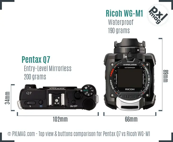 Pentax Q7 vs Ricoh WG-M1 top view buttons comparison