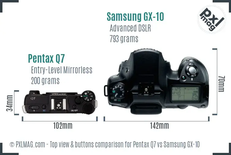 Pentax Q7 vs Samsung GX-10 top view buttons comparison
