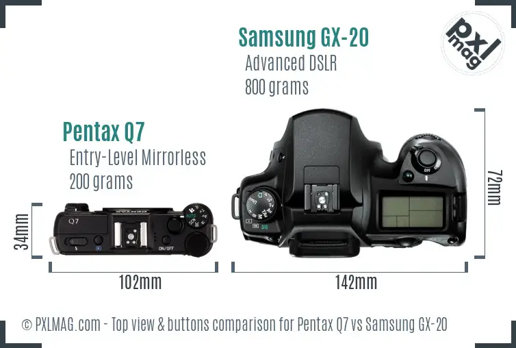 Pentax Q7 vs Samsung GX-20 top view buttons comparison Pentax Q7 vs Samsung GX-20 top view buttons comparison