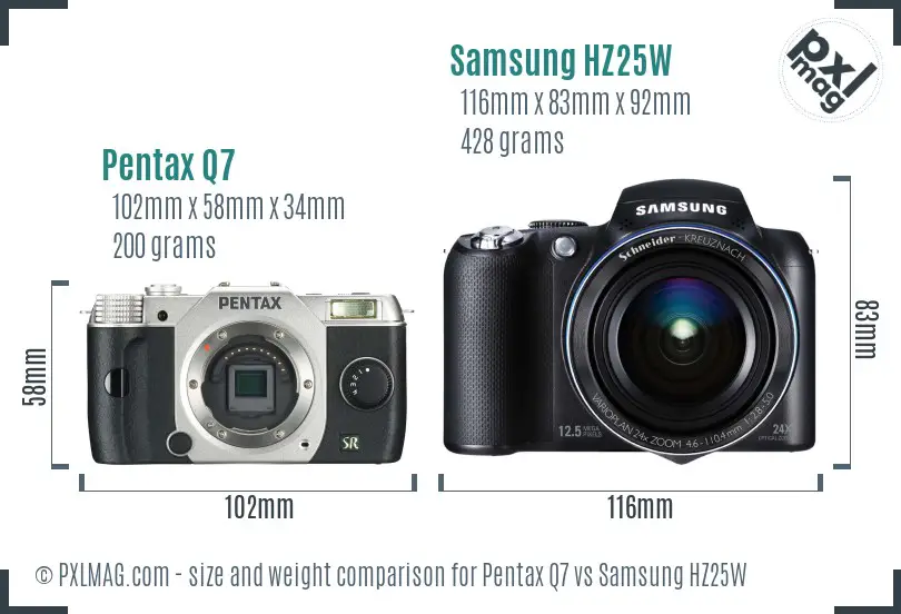 Pentax Q7 vs Samsung HZ25W size comparison