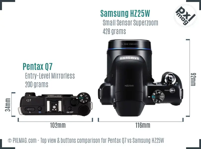 Pentax Q7 vs Samsung HZ25W top view buttons comparison