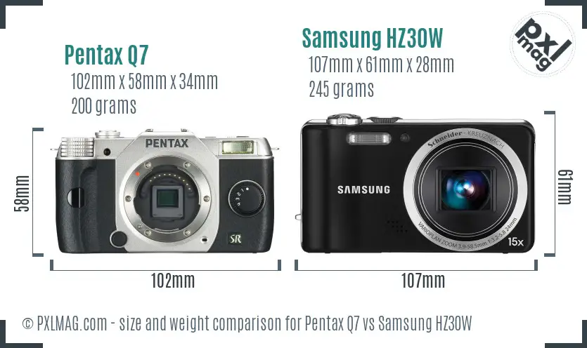 Pentax Q7 vs Samsung HZ30W size comparison