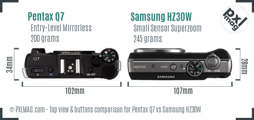 Pentax Q7 vs Samsung HZ30W top view buttons comparison