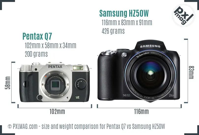 Pentax Q7 vs Samsung HZ50W size comparison