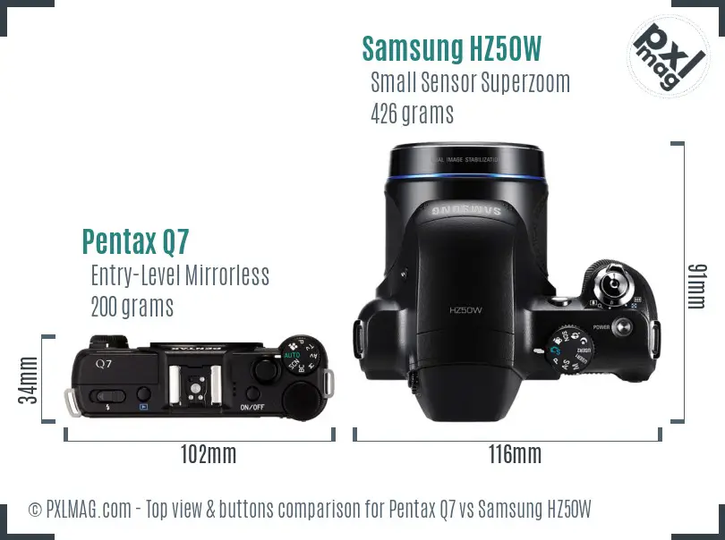 Pentax Q7 vs Samsung HZ50W top view buttons comparison