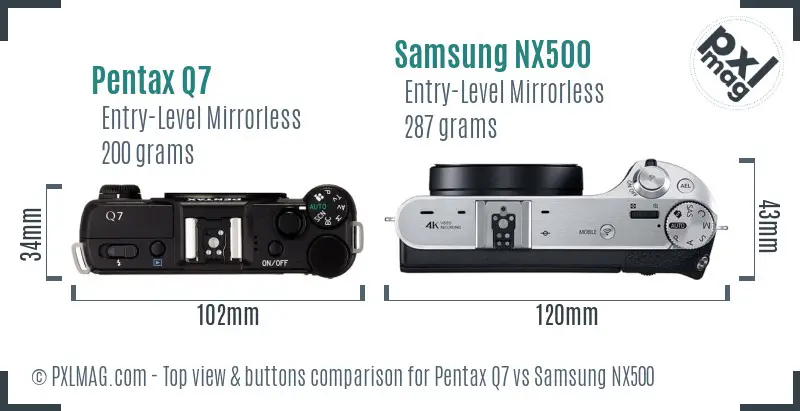 Pentax Q7 vs Samsung NX500 top view buttons comparison