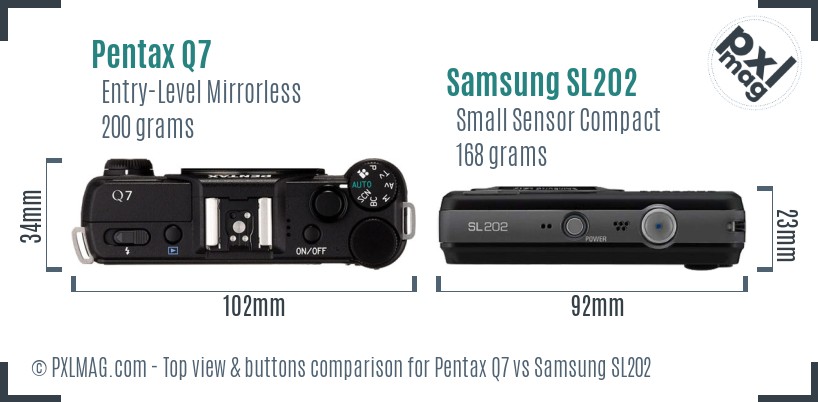 Pentax Q7 vs Samsung SL202 top view buttons comparison