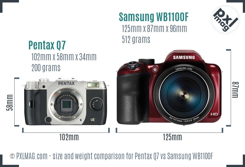 Pentax Q7 vs Samsung WB1100F size comparison