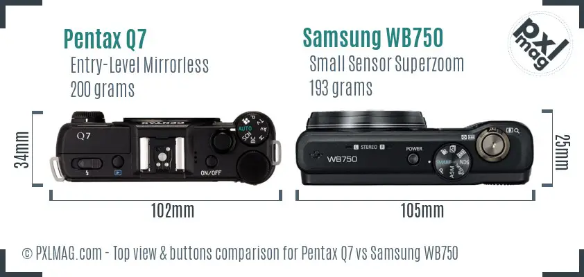 Pentax Q7 vs Samsung WB750 top view buttons comparison