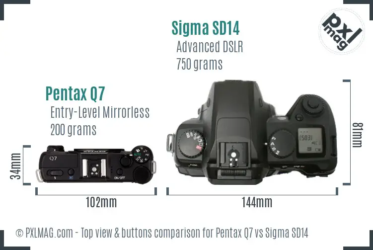 Pentax Q7 vs Sigma SD14 top view buttons comparison