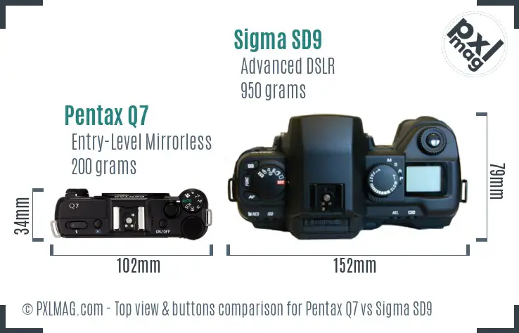 Pentax Q7 vs Sigma SD9 top view buttons comparison