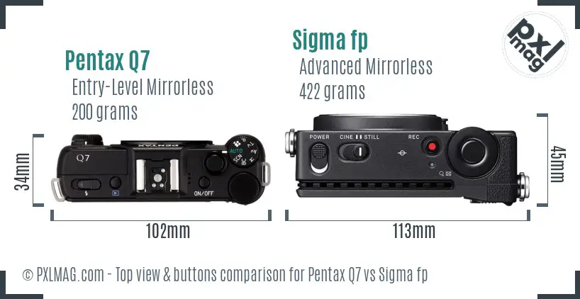 Pentax Q7 vs Sigma fp top view buttons comparison