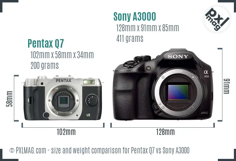 Pentax Q7 vs Sony A3000 size comparison