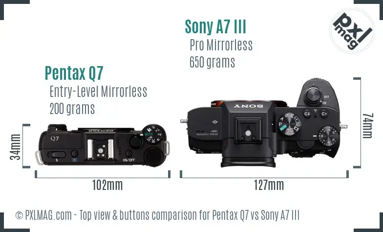 Pentax Q7 vs Sony A7 III top view buttons comparison