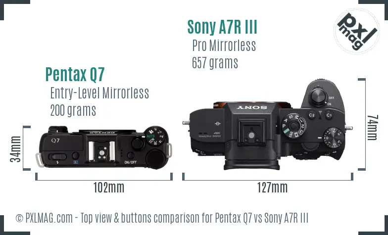 Pentax Q7 vs Sony A7R III top view buttons comparison