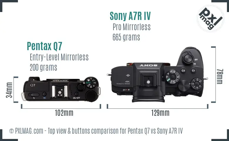 Pentax Q7 vs Sony A7R IV top view buttons comparison
