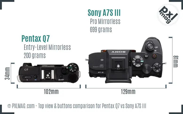 Pentax Q7 vs Sony A7S III top view buttons comparison