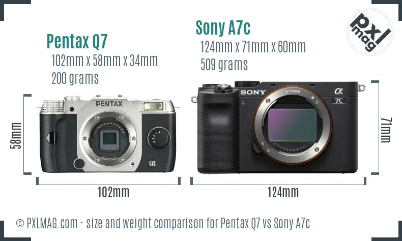 Pentax Q7 vs Sony A7c size comparison
