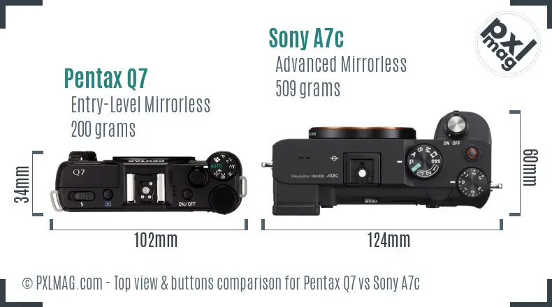 Pentax Q7 vs Sony A7c top view buttons comparison