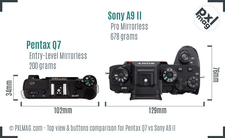 Pentax Q7 vs Sony A9 II top view buttons comparison