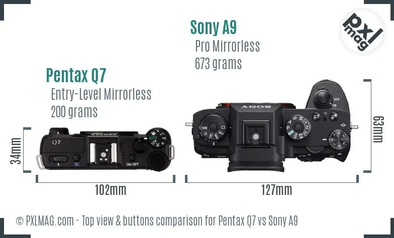 Pentax Q7 vs Sony A9 top view buttons comparison