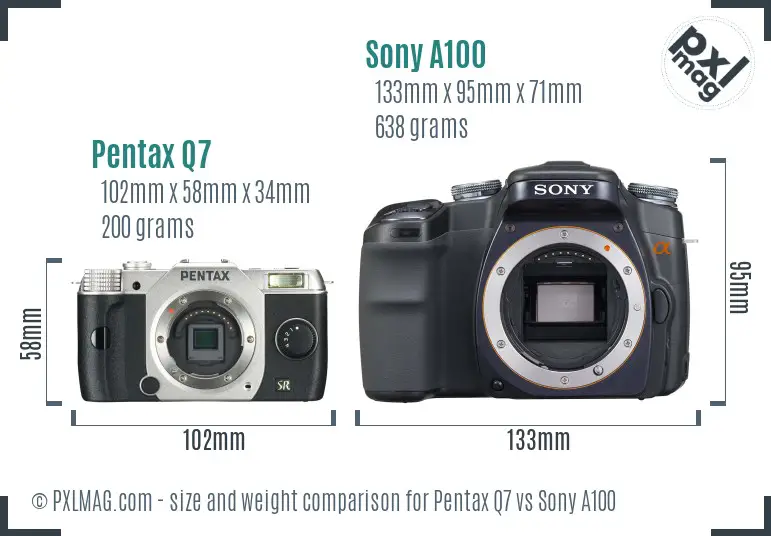 Pentax Q7 vs Sony A100 size comparison