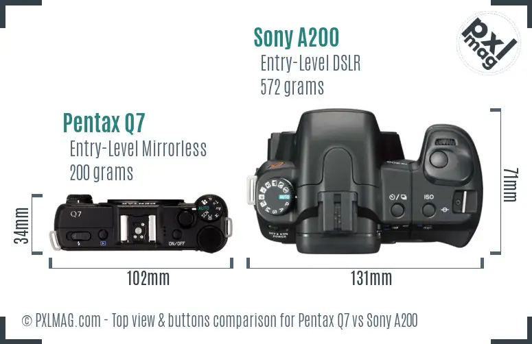 Pentax Q7 vs Sony A200 top view buttons comparison