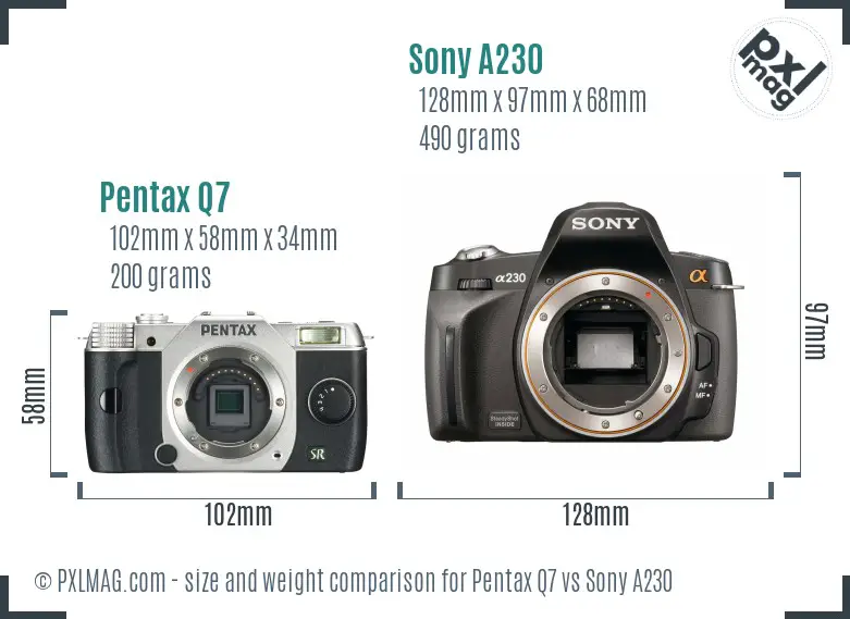 Pentax Q7 vs Sony A230 size comparison