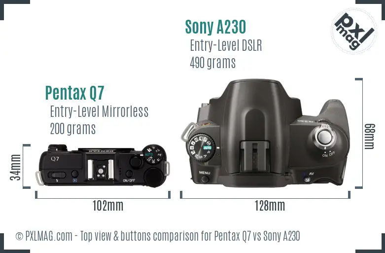Pentax Q7 vs Sony A230 top view buttons comparison