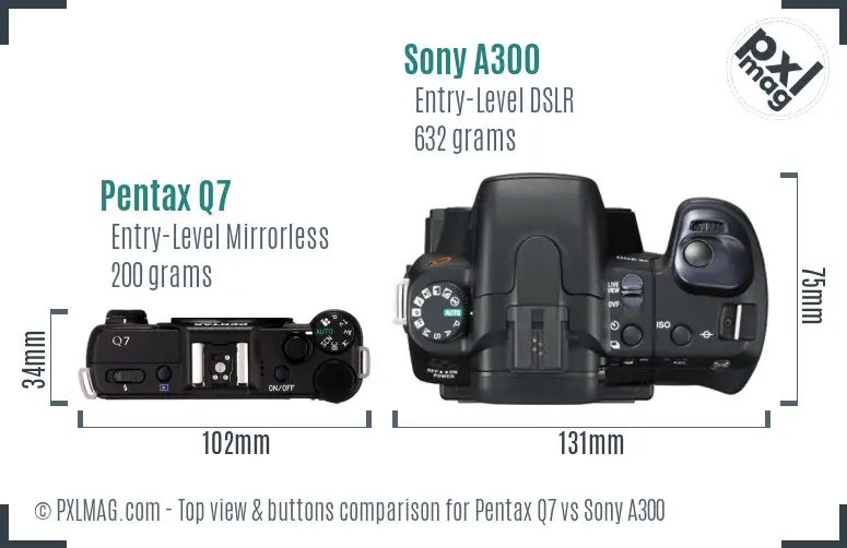 Pentax Q7 vs Sony A300 top view buttons comparison