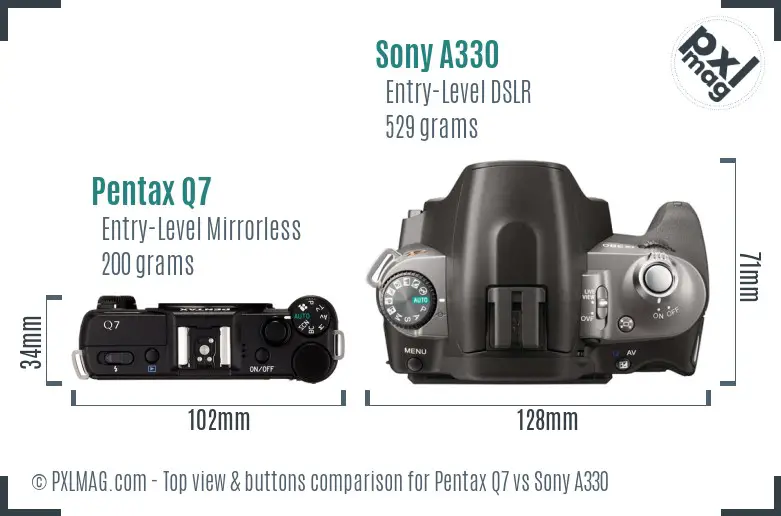 Pentax Q7 vs Sony A330 top view buttons comparison