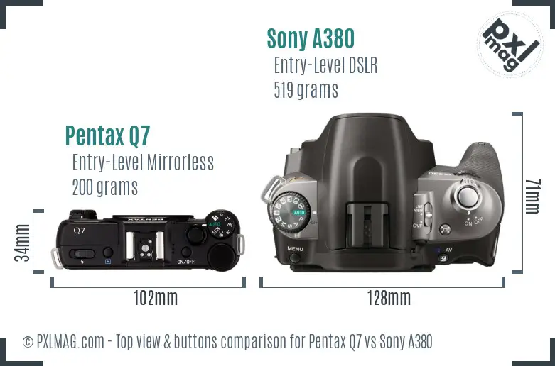 Pentax Q7 vs Sony A380 top view buttons comparison