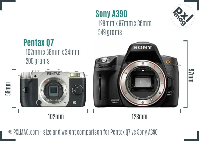 Pentax Q7 vs Sony A390 size comparison