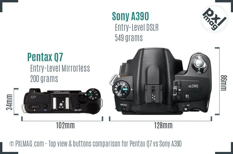Pentax Q7 vs Sony A390 top view buttons comparison