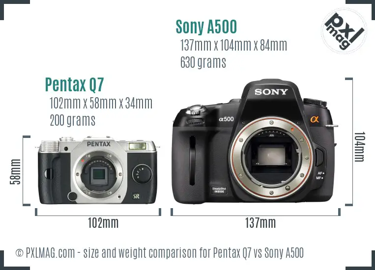 Pentax Q7 vs Sony A500 size comparison