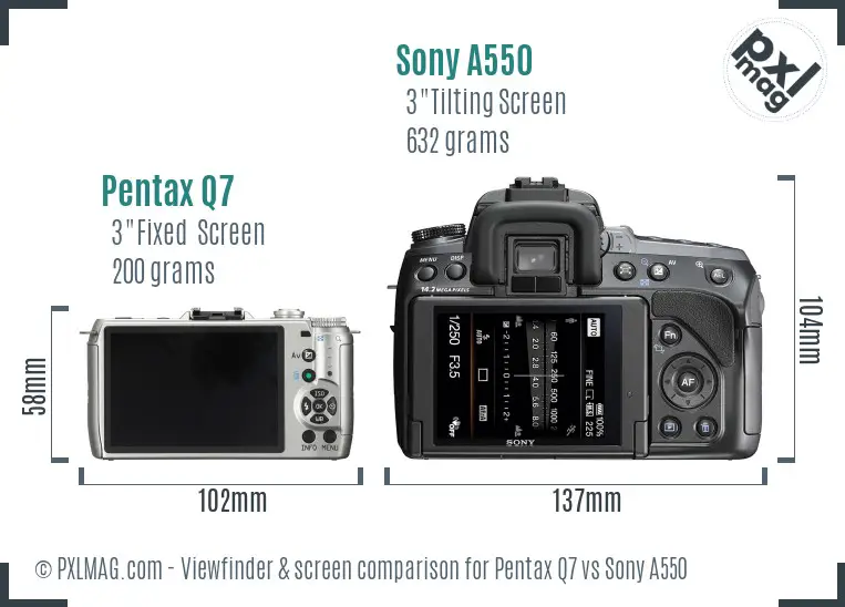 Pentax Q7 vs Sony A550 Screen and Viewfinder comparison