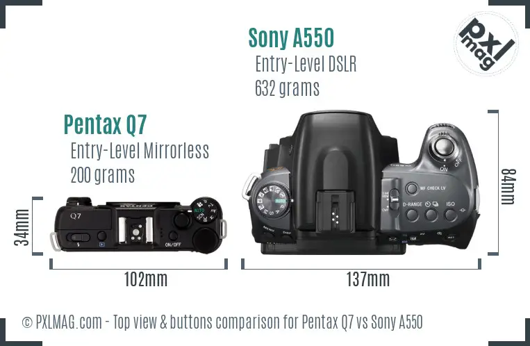 Pentax Q7 vs Sony A550 top view buttons comparison