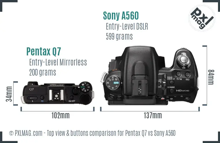 Pentax Q7 vs Sony A560 top view buttons comparison