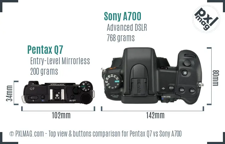 Pentax Q7 vs Sony A700 top view buttons comparison