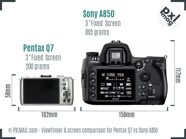 Pentax Q7 vs Sony A850 Screen and Viewfinder comparison