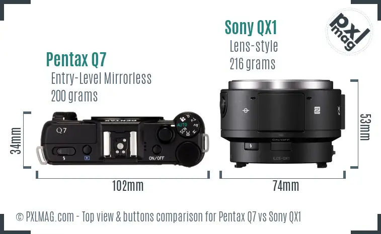 Pentax Q7 vs Sony QX1 top view buttons comparison