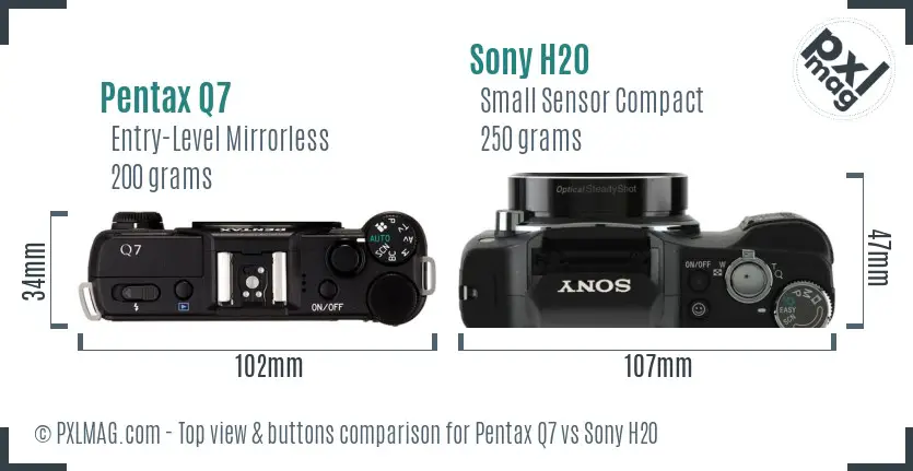 Pentax Q7 vs Sony H20 top view buttons comparison