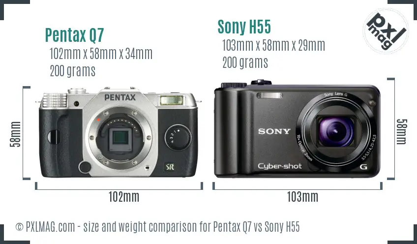 Pentax Q7 vs Sony H55 size comparison