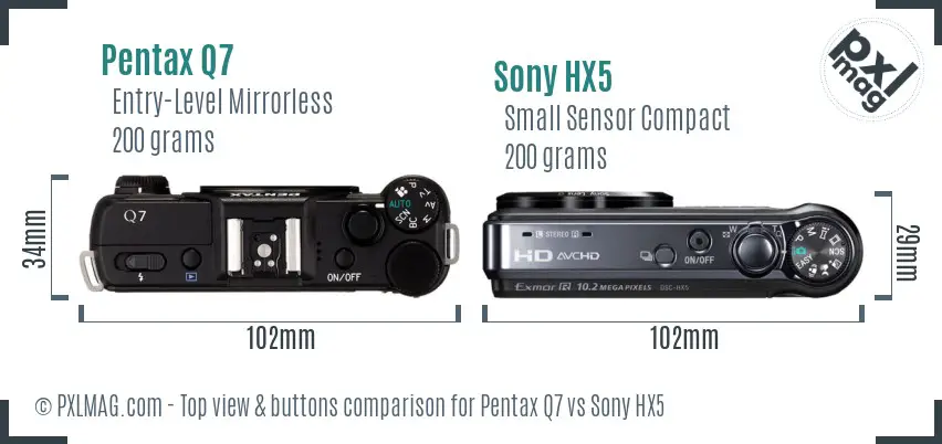 Pentax Q7 vs Sony HX5 top view buttons comparison